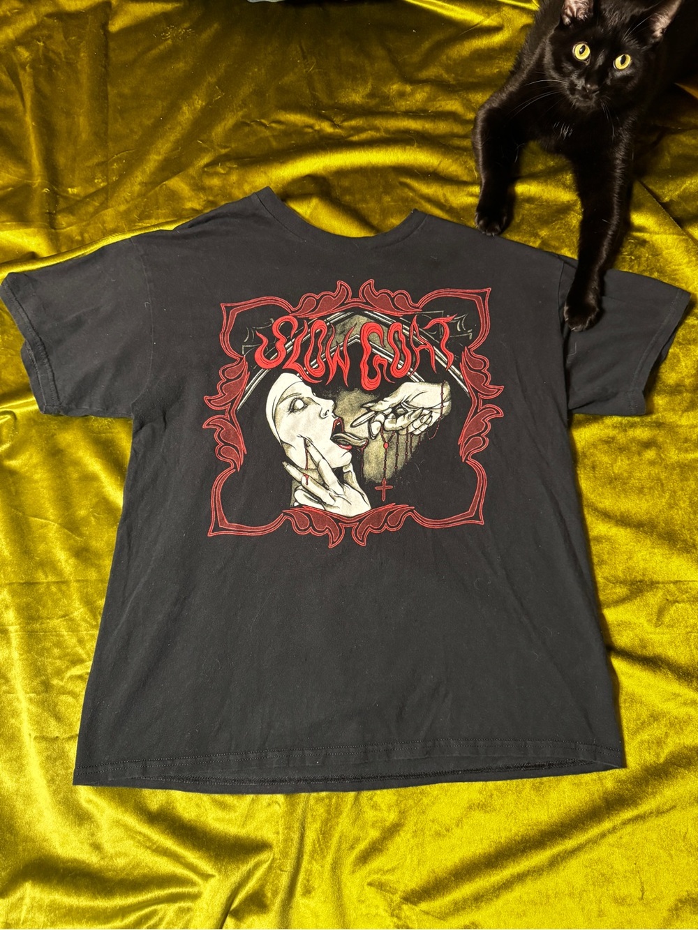 Black Graphic Band Tee with Red and White Gothic Artwork